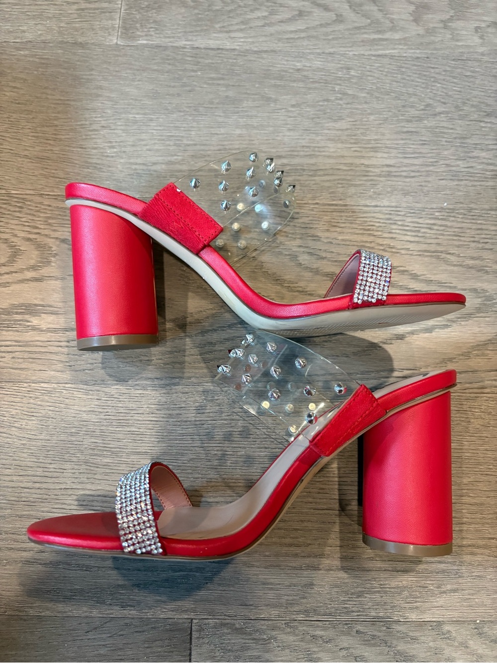 Call It Spring Red Rhinestone Block Heel Mules with Clear Studded Strap - Picture 8 of 15